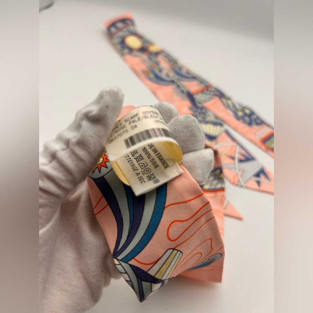 Hermes Twilly Set Of 2 Scarf Odyssey Rose Pale bleu Multi-color Silk NWT No Box - Picture 7 of 8